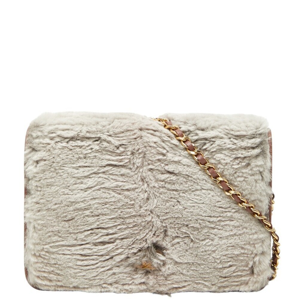 Chanel Coco Mark Wallet Chain Shoulder Bag Gray Pink Fur Leather Women's CHANEL